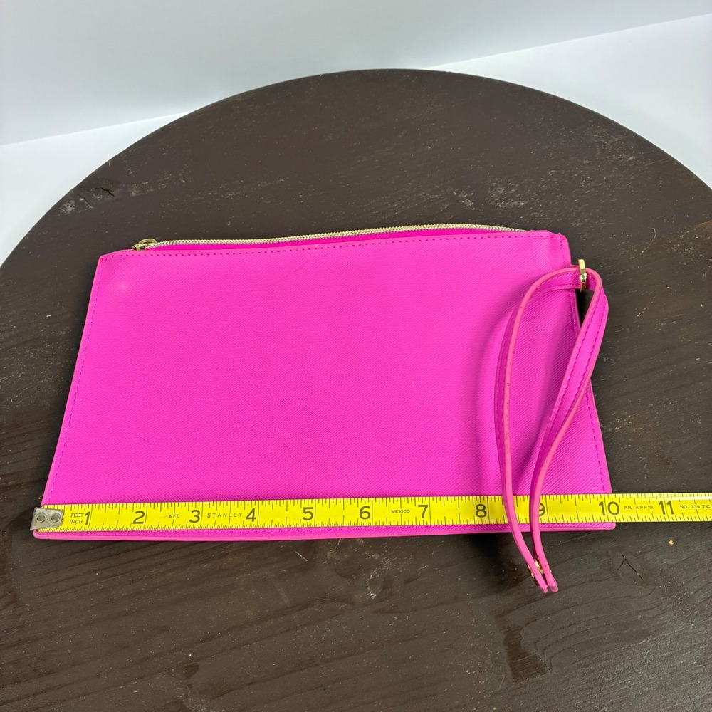 Ted Baker Wristlet Clutch Bag Pink Saffiano Leather Gold Logo Hot Pink Zip - Picture 7 of 9